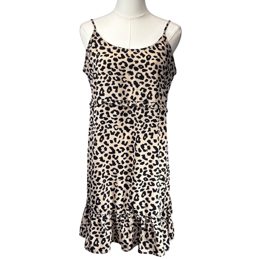 Jodifl Leopard Dress Tan Black Animal Print Ruffle Hem Boho Women Size Medium‎
